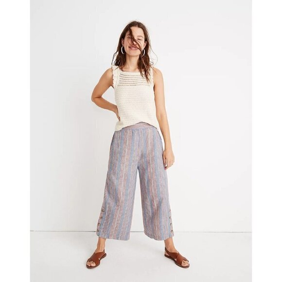 Madewell Houston Side Button Pull On Crop Pants Blue Rainbow Stripe S - Picture 1 of 8